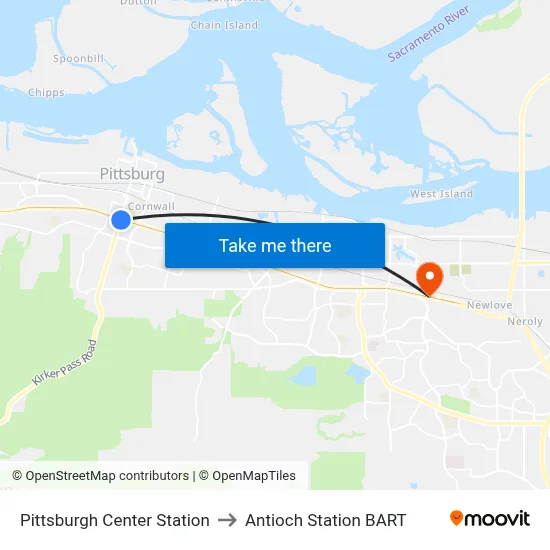 Pittsburgh Center Station to Antioch Station BART map