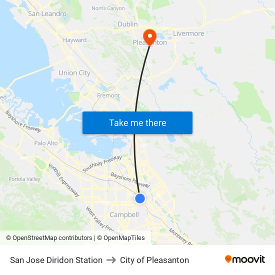 San Jose Diridon Station to City of Pleasanton map