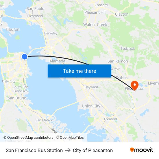 San Francisco Bus Station to City of Pleasanton map