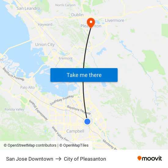 San Jose Downtown to City of Pleasanton map
