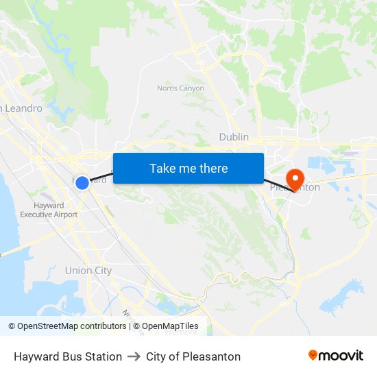 Hayward Bus Station to City of Pleasanton map