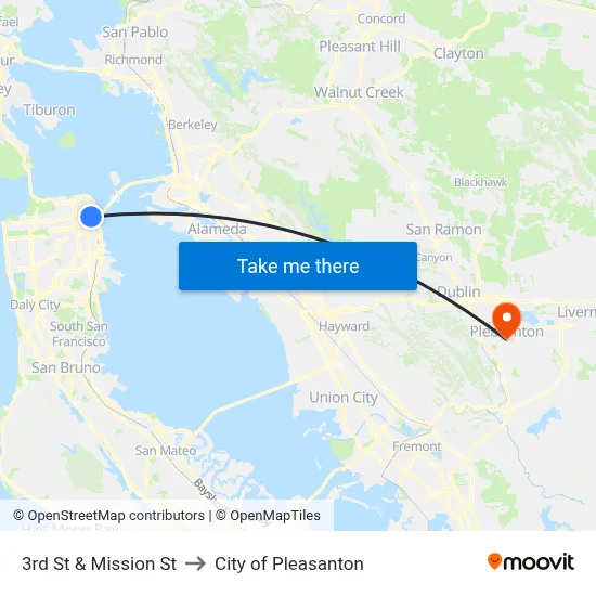 3rd St & Mission St to City of Pleasanton map