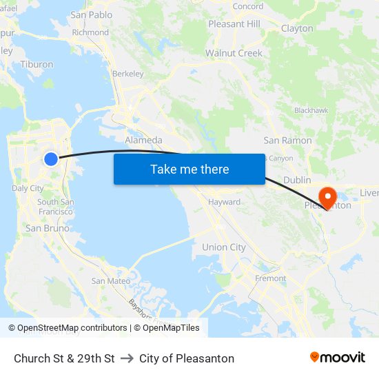 Church St & 29th St to City of Pleasanton map