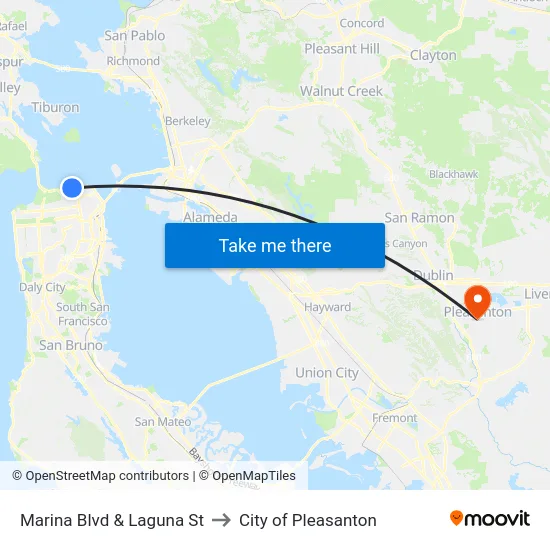 Marina Blvd & Laguna St to City of Pleasanton map
