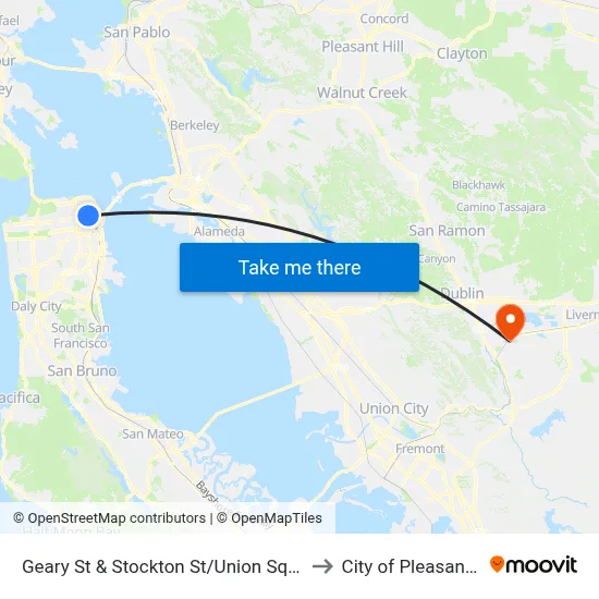 Geary St & Stockton St/Union Square to City of Pleasanton map