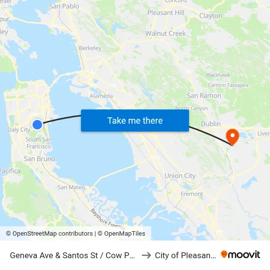 Geneva Ave & Santos St / Cow Palace to City of Pleasanton map
