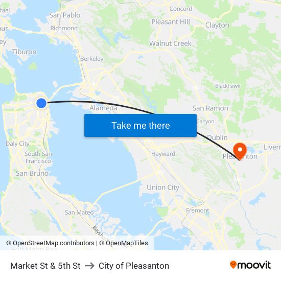 Market St & 5th St to City of Pleasanton map