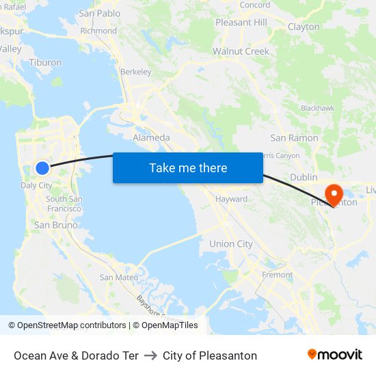 Ocean Ave & Dorado Ter to City of Pleasanton map