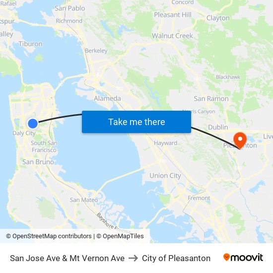 San Jose Ave & Mt Vernon Ave to City of Pleasanton map