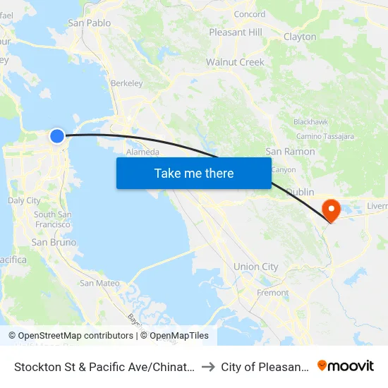 Stockton St & Pacific Ave/Chinatown to City of Pleasanton map