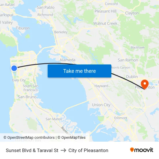Sunset Blvd & Taraval St to City of Pleasanton map