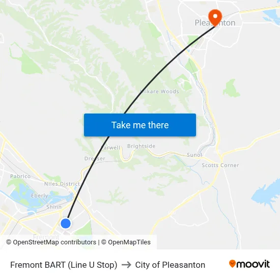 Fremont BART (Line U Stop) to City of Pleasanton map