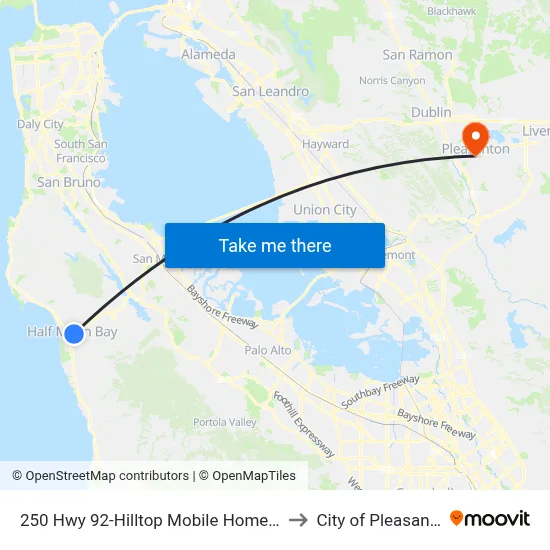 250 Hwy 92-Hilltop Mobile Home Park to City of Pleasanton map