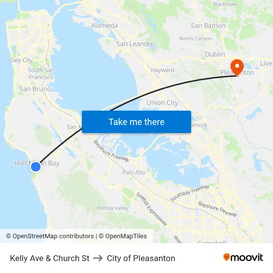 Kelly Ave & Church St to City of Pleasanton map