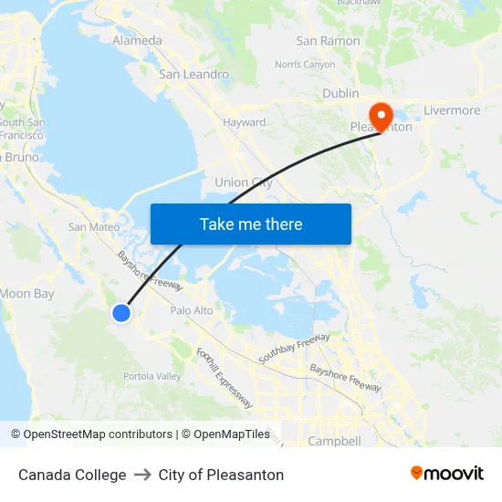 Canada College to City of Pleasanton map