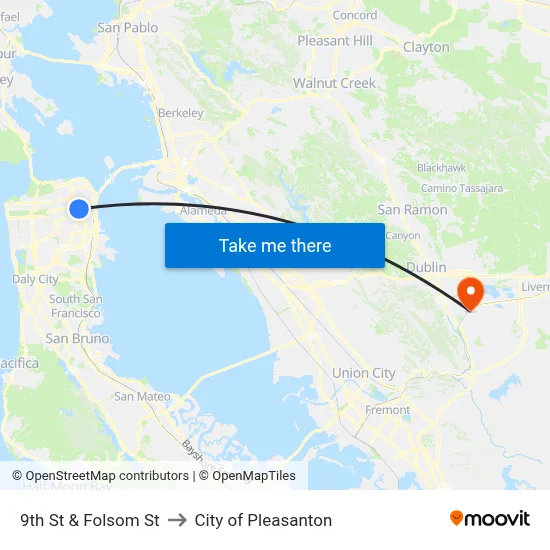 9th St & Folsom St to City of Pleasanton map