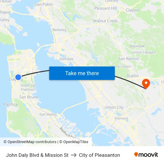 John Daly Blvd & Mission St to City of Pleasanton map
