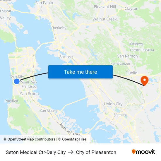 Seton Medical Ctr-Daly City to City of Pleasanton map