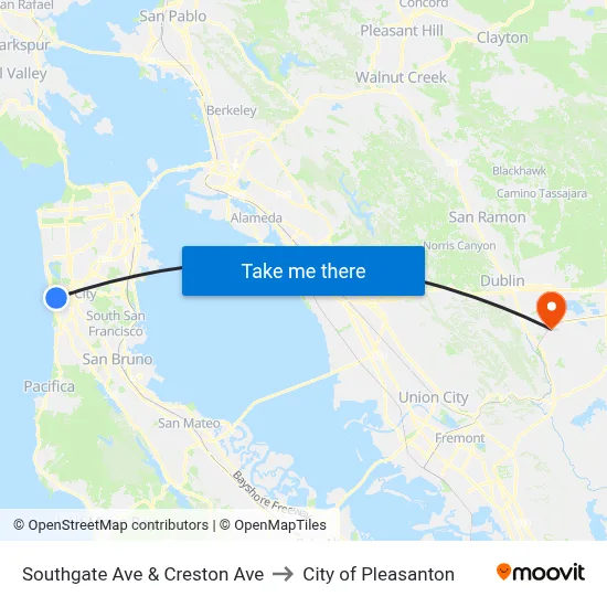 Southgate Ave & Creston Ave to City of Pleasanton map