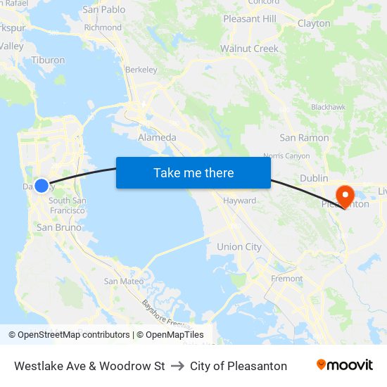 Westlake Ave & Woodrow St to City of Pleasanton map