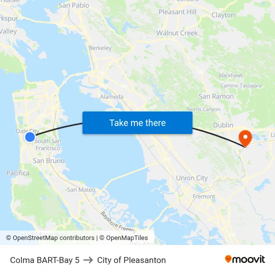 Colma BART-Bay 5 to City of Pleasanton map