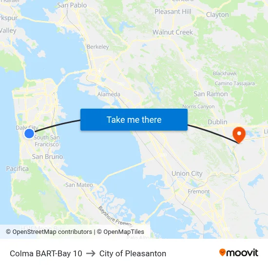 Colma BART-Bay 10 to City of Pleasanton map