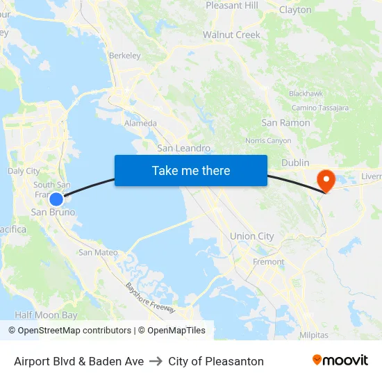 Airport Blvd & Baden Ave to City of Pleasanton map