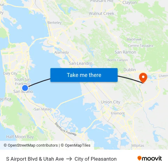 S Airport Blvd & Utah Ave to City of Pleasanton map
