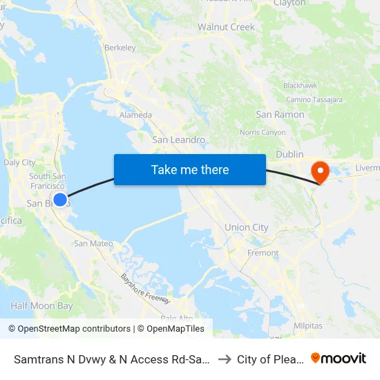 Samtrans N Dvwy & N Access Rd-Safe Harbor Shelter to City of Pleasanton map