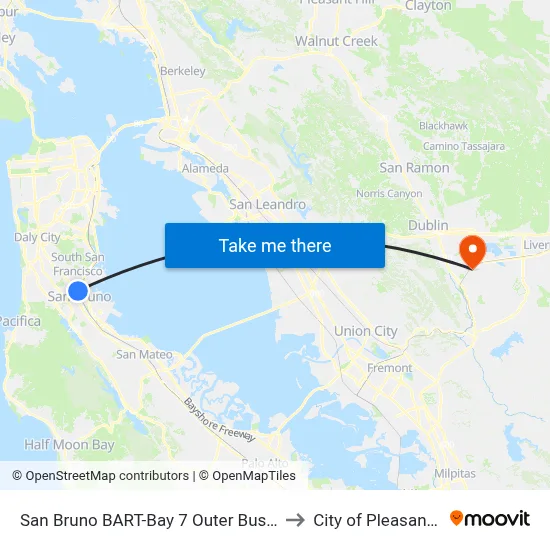 San Bruno BART-Bay 7 Outer Busway to City of Pleasanton map