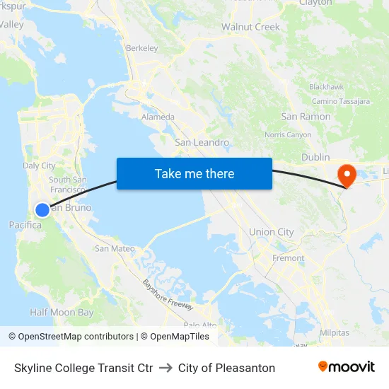 Skyline College Transit Ctr to City of Pleasanton map