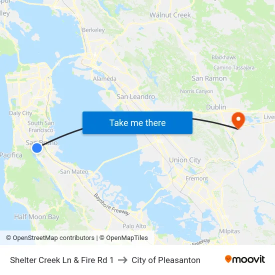 Shelter Creek Ln & Fire Rd 1 to City of Pleasanton map