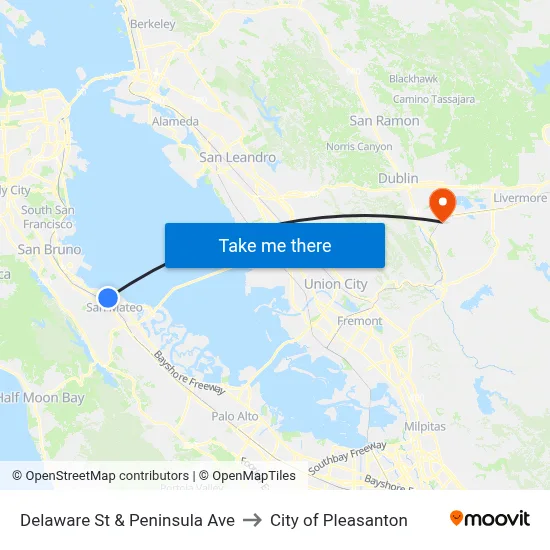 Delaware St & Peninsula Ave to City of Pleasanton map