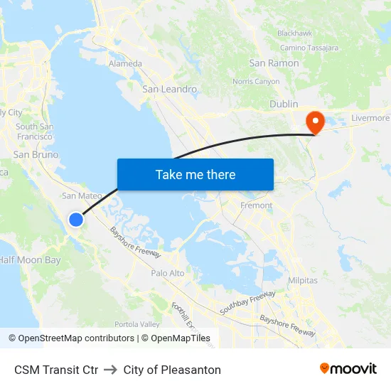 CSM Transit Ctr to City of Pleasanton map