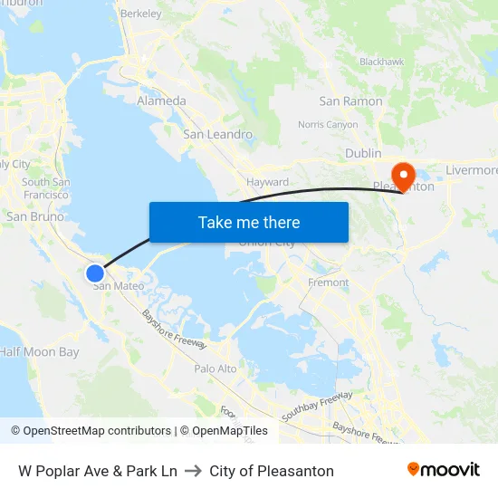 W Poplar Ave & Park Ln to City of Pleasanton map
