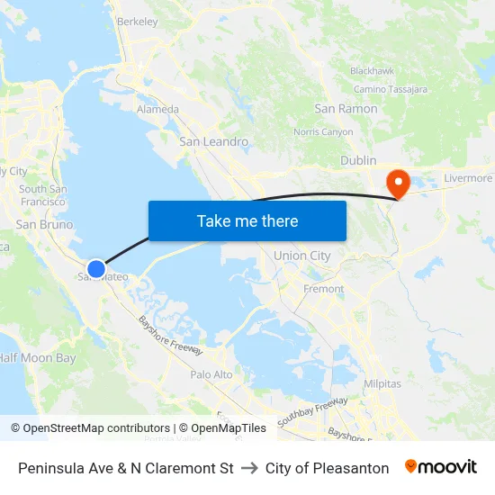 Peninsula Ave & N Claremont St to City of Pleasanton map