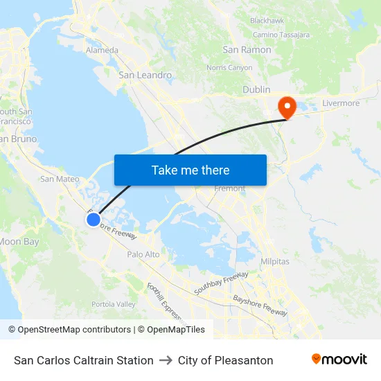 San Carlos Caltrain Station to City of Pleasanton map