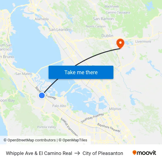 Whipple Ave & El Camino Real to City of Pleasanton map