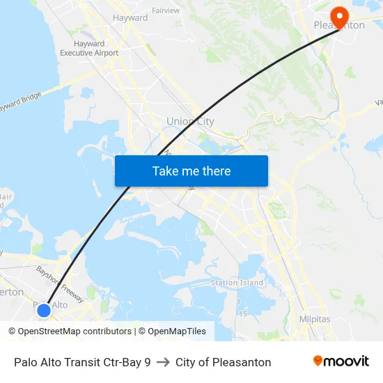 Palo Alto Transit Ctr-Bay 9 to City of Pleasanton map