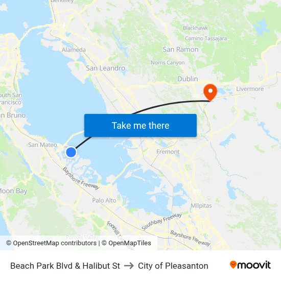 Beach Park Blvd & Halibut St to City of Pleasanton map