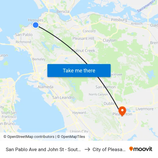 San Pablo Ave and John St - Southbound to City of Pleasanton map