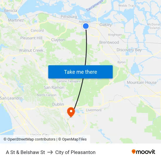 A St & Belshaw St to City of Pleasanton map