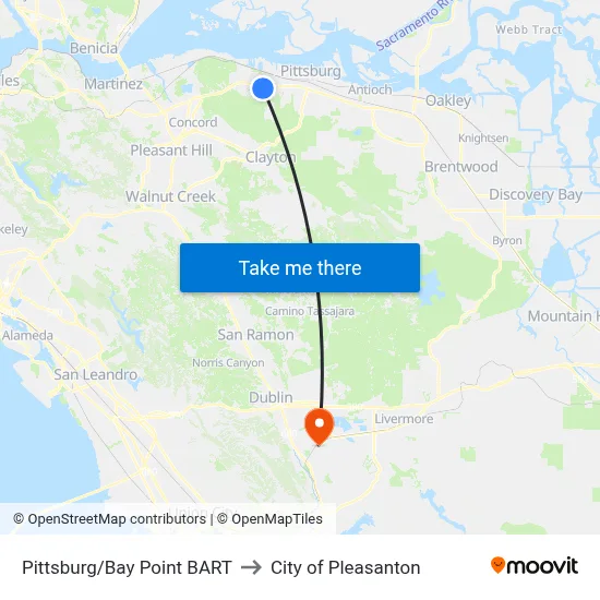 Pittsburg/Bay Point BART to City of Pleasanton map