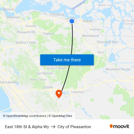 East 18th St & Alpha Wy to City of Pleasanton map
