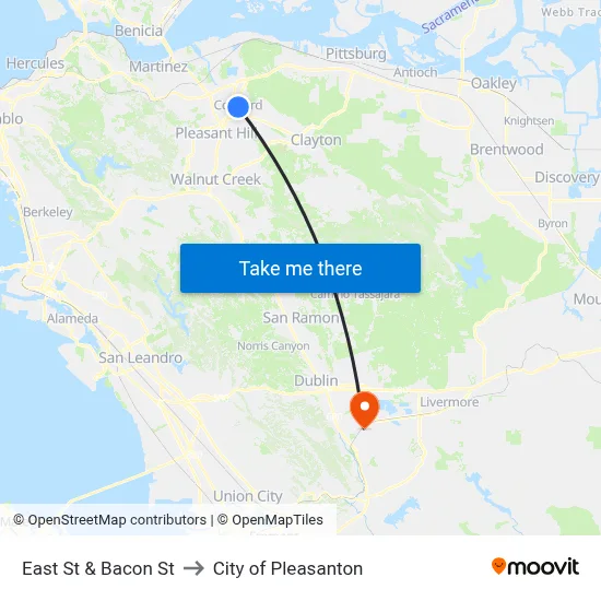East St & Bacon St to City of Pleasanton map