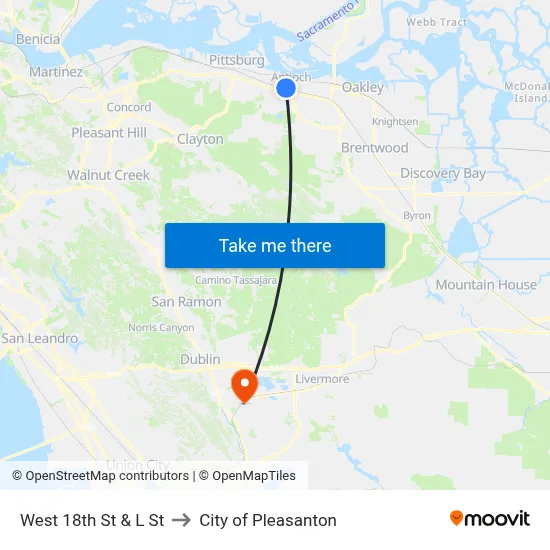 West 18th St & L St to City of Pleasanton map