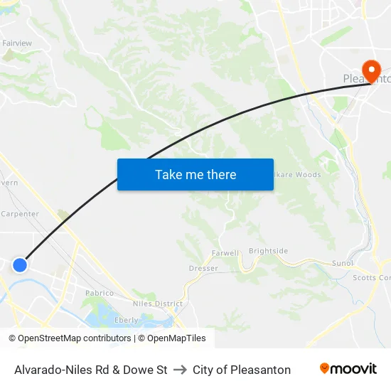 Alvarado-Niles Rd & Dowe St to City of Pleasanton map