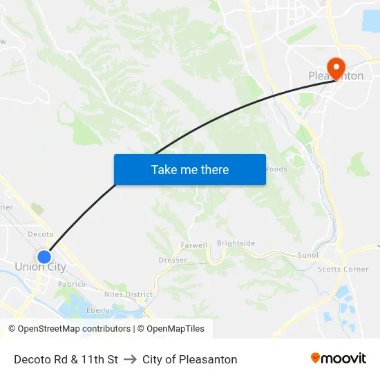 Decoto Rd & 11th St to City of Pleasanton map