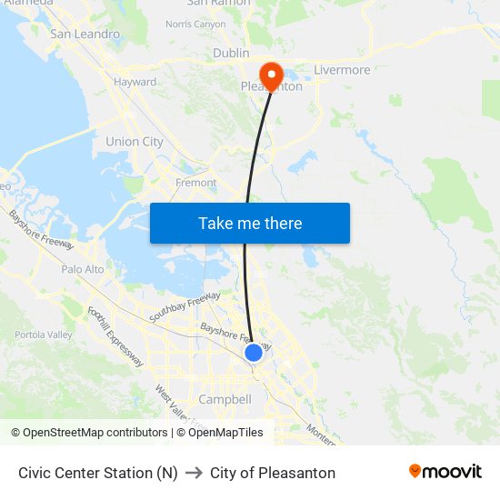 Civic Center Station (N) to City of Pleasanton map