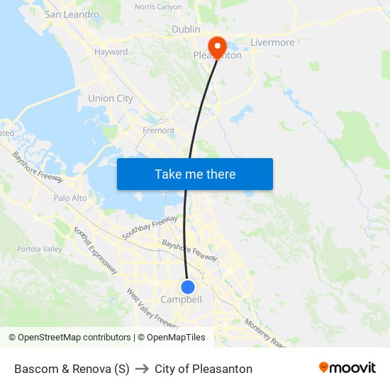Bascom & Renova (S) to City of Pleasanton map